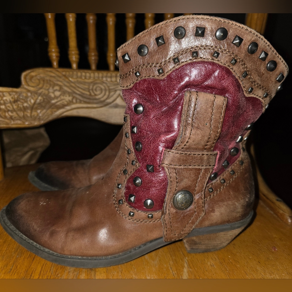 Vince Camuto Brown Leather Ankle Boots with Red Accent Studs